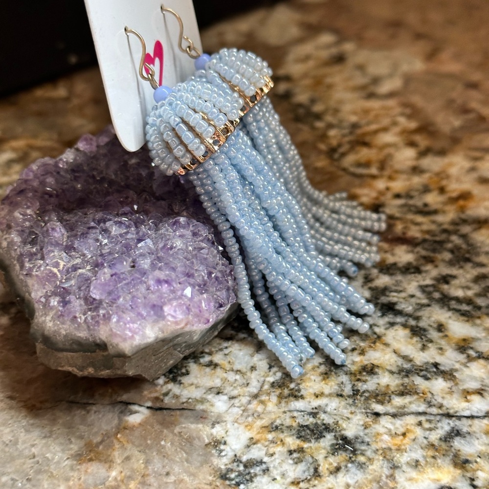 Gold Blue Bead Tassel Dangle Earrings - Picture 4 of 9